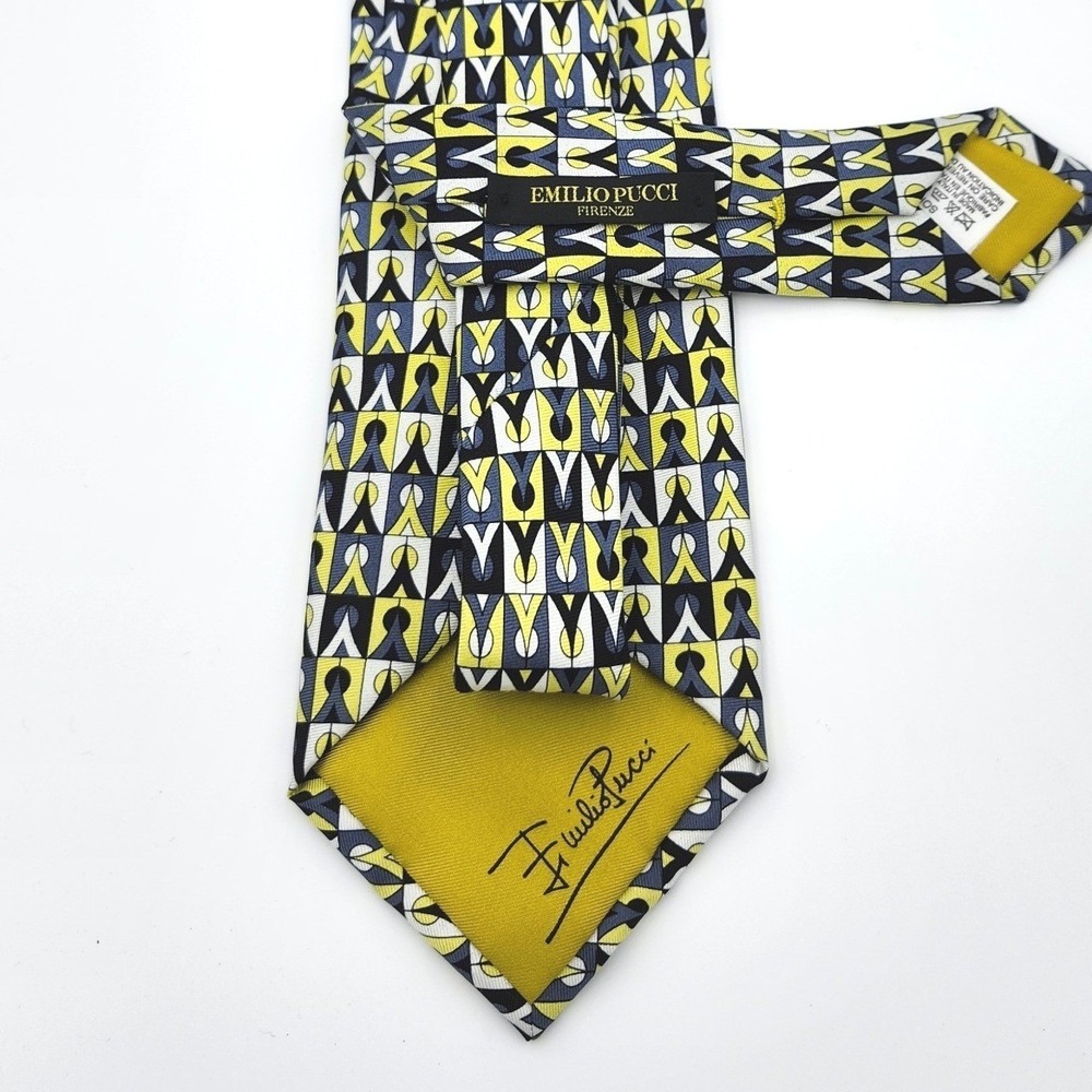 Vintage Emilio Pucci Silk Tie NWOT Italy Archive Geometric Print Yellow Navy